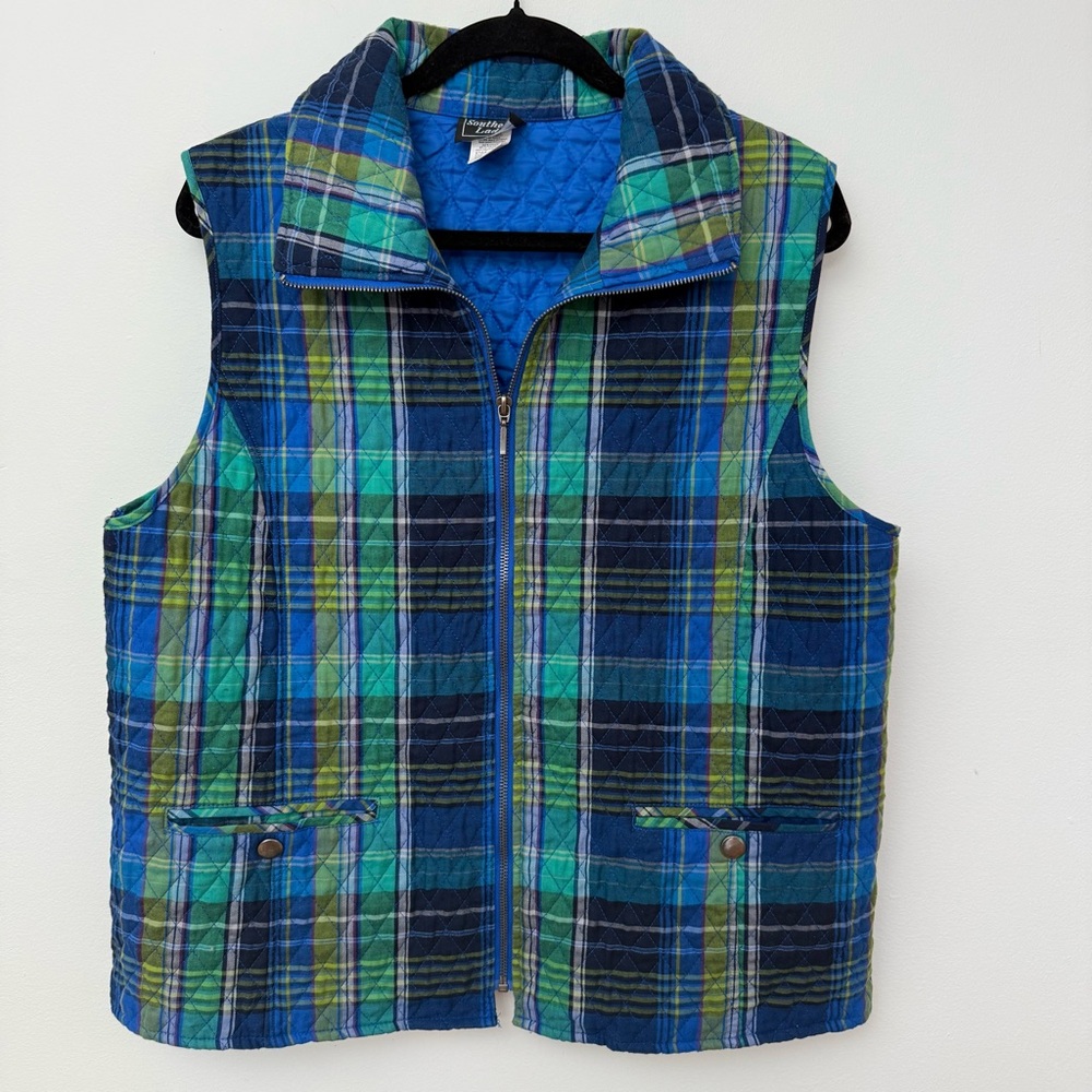 Southern Lady Women’s Plaid Quilted Vest Blue Green Zip Front Pockets L 14